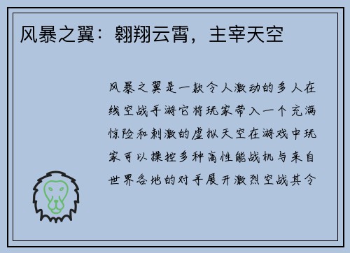 风暴之翼：翱翔云霄，主宰天空