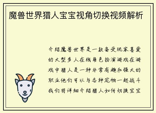 魔兽世界猎人宝宝视角切换视频解析